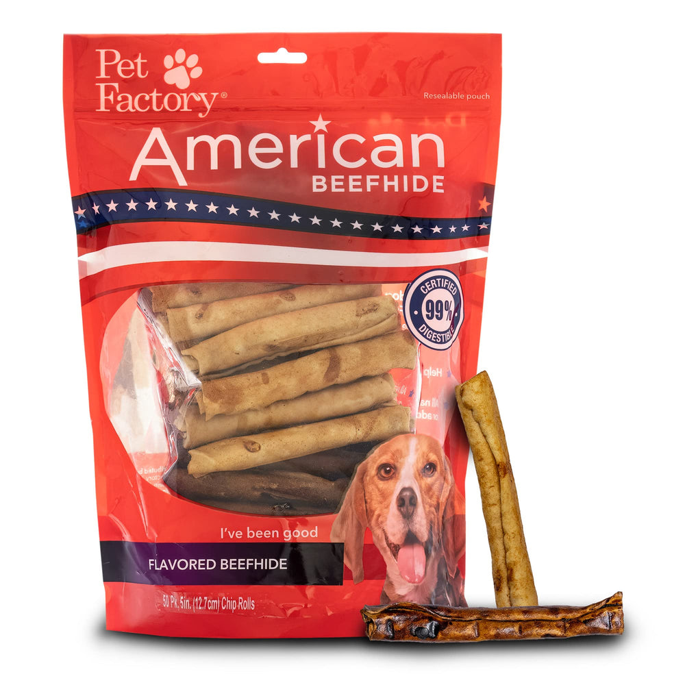 Pet Factory American Beefhide 5inch chip roll close up shows thick texture for long lasting chew