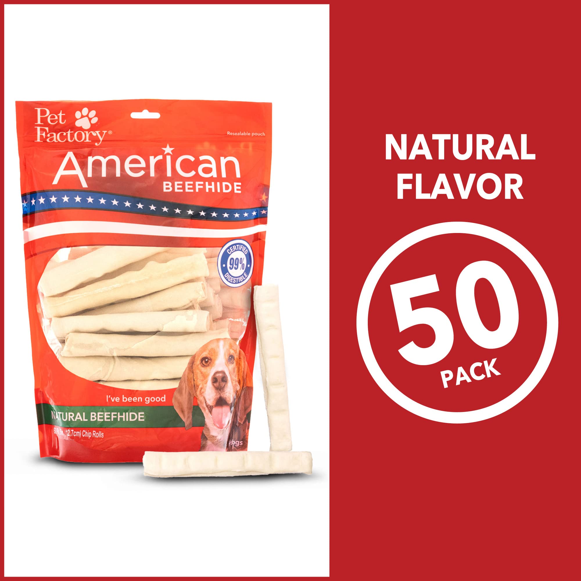 Pet Factory American Beefhide 5-inch chip rolls dog chewing action demonstrates durable chew.