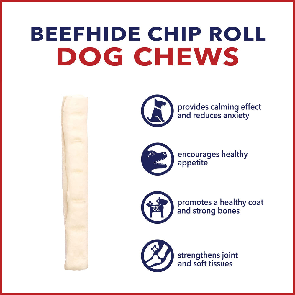 Pet Factory American Beefhide 5-inch chip rolls dog mouth close-up emphasizes clean chewing.