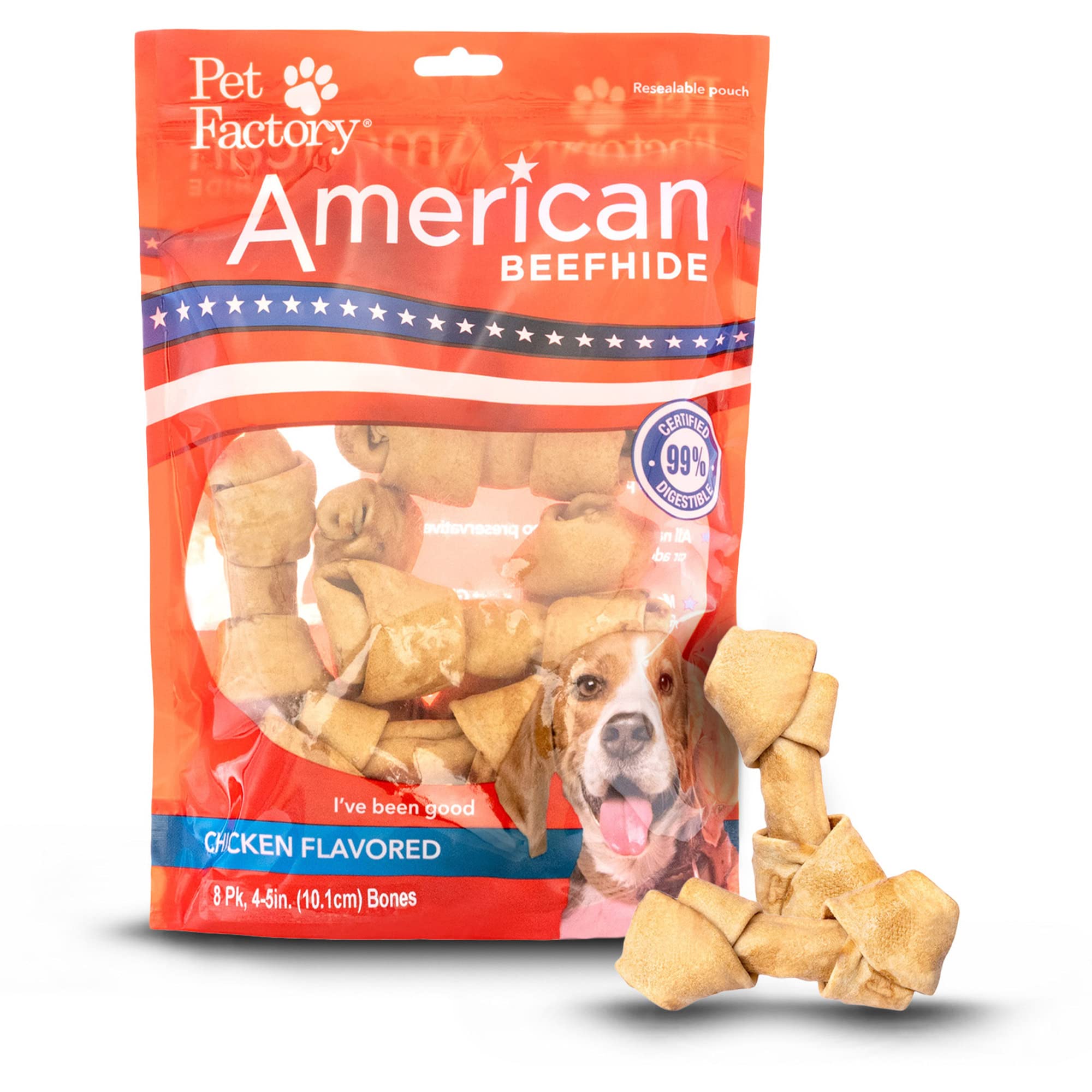 Pet Factory American Beefhide chicken-flavor bone close-up showing chew-ready texture.