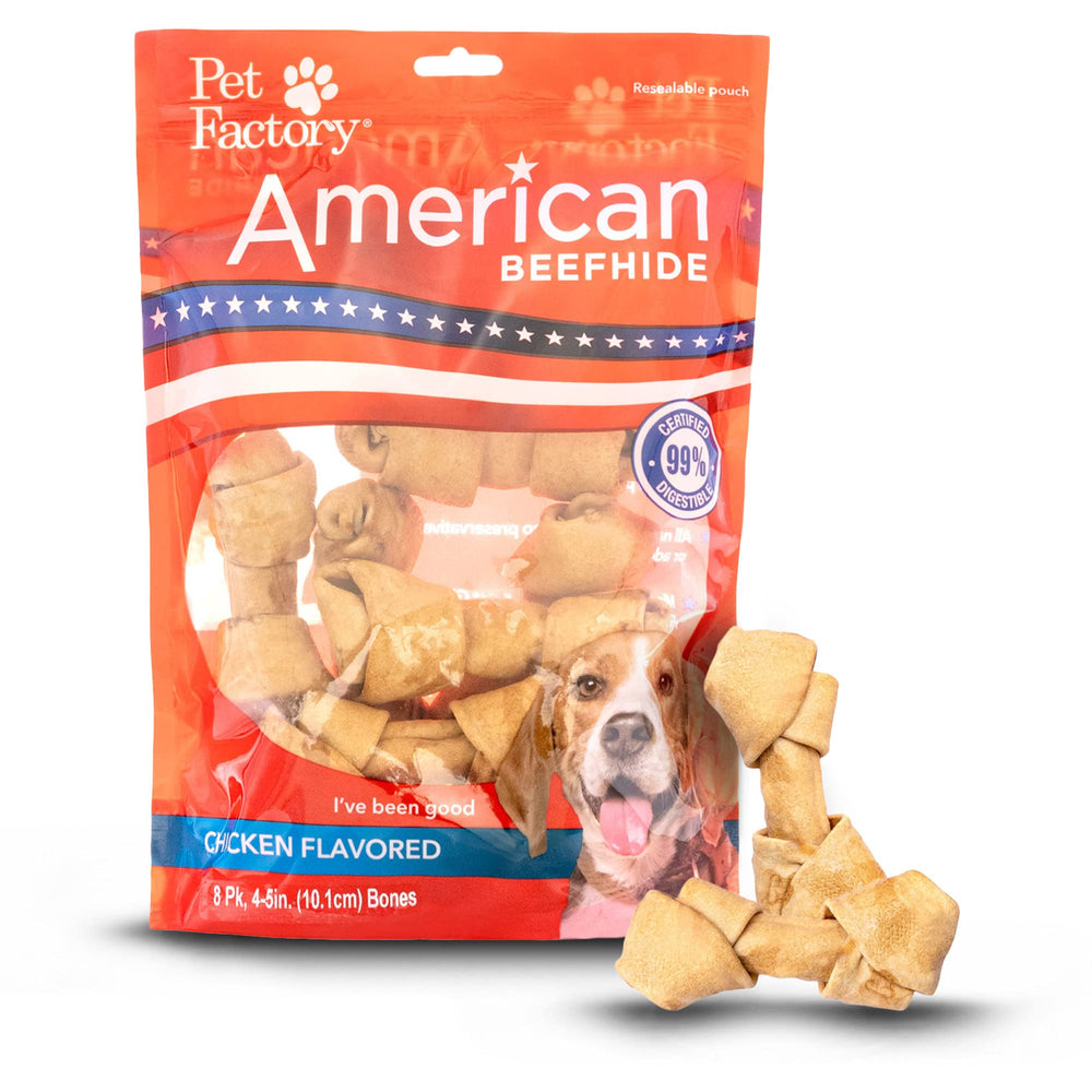 Pet Factory American Beefhide chicken-flavor bone close-up showing chew-ready texture.