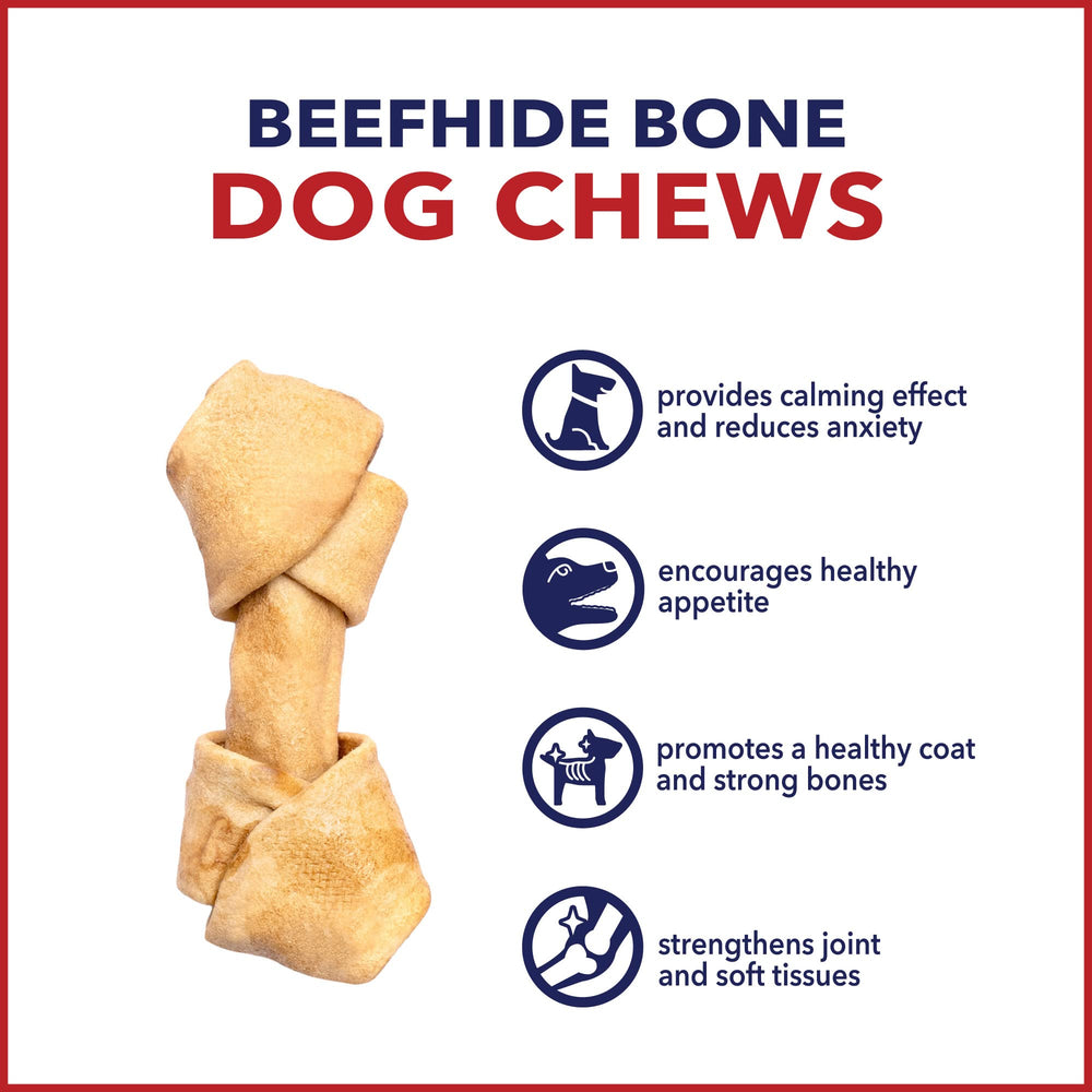 Pet Factory American Beefhide chicken-flavor bone photographed with a happy chewer.