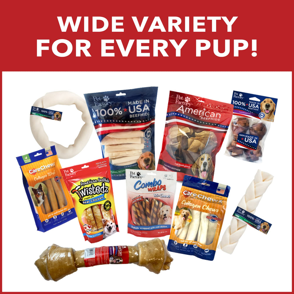 Pet Factory American Beefhide chicken-flavor bone product shot highlighting quality.