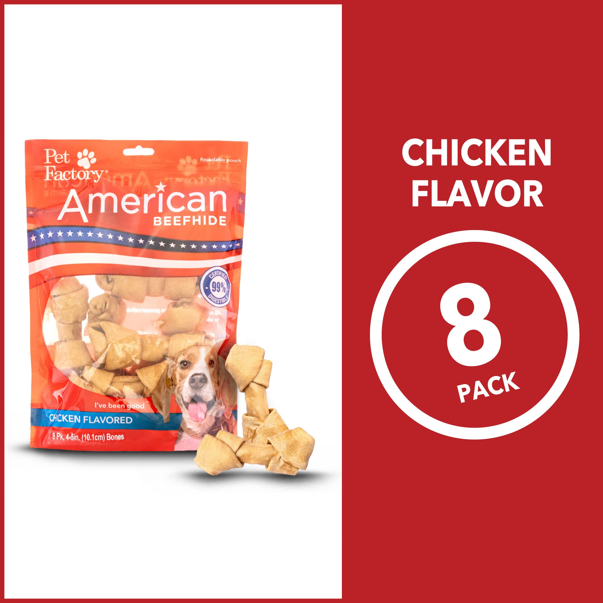 Pet Factory American Beefhide chicken-flavor bone textured surface highlighting durability.