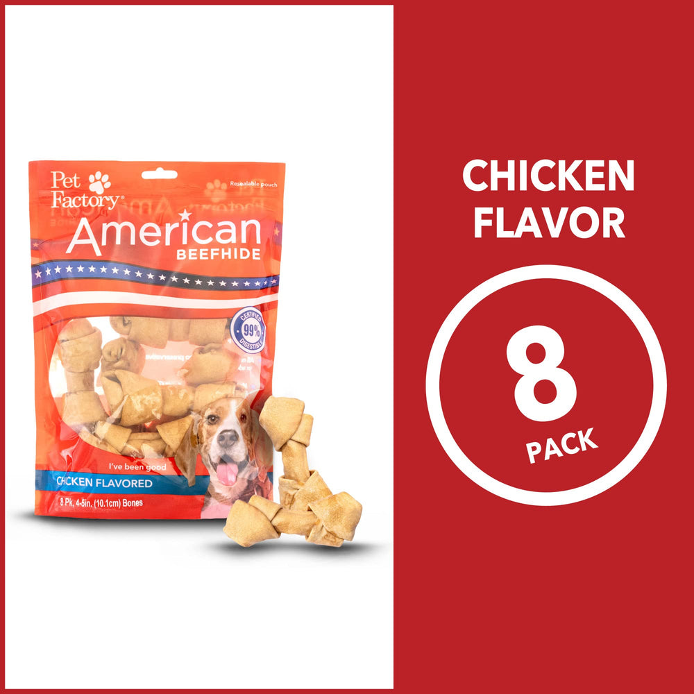 Pet Factory American Beefhide chicken-flavor bone textured surface highlighting durability.