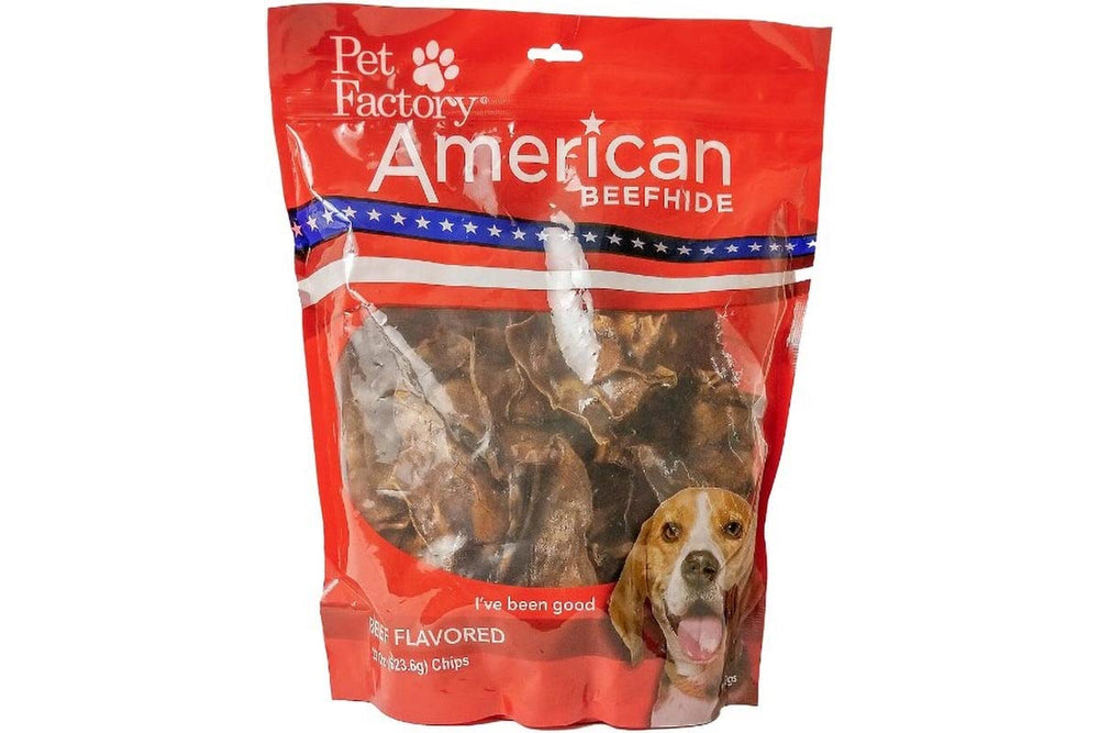 Pet Factory American Beefhide Chips beef flavor—durable chew for dogs.