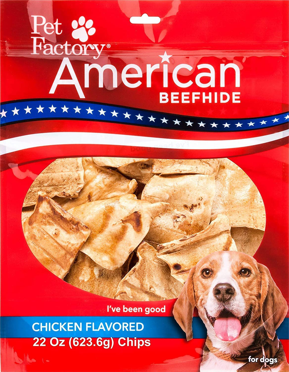 Pet Factory American Beefhide Chips bag highlights premium chicken flavor chew for dogs