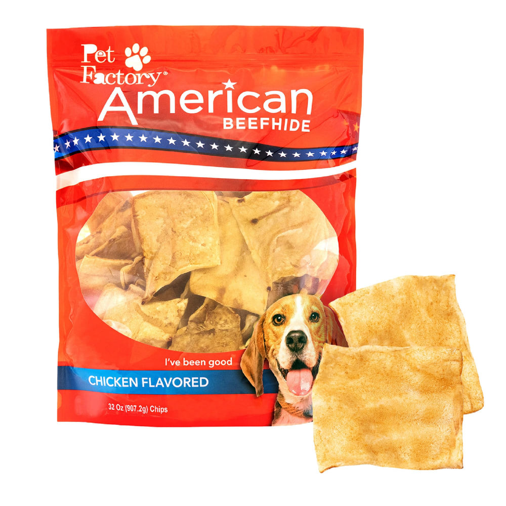 Pet Factory American Beefhide Chips chicken flavor pack offers a long-lasting chew.