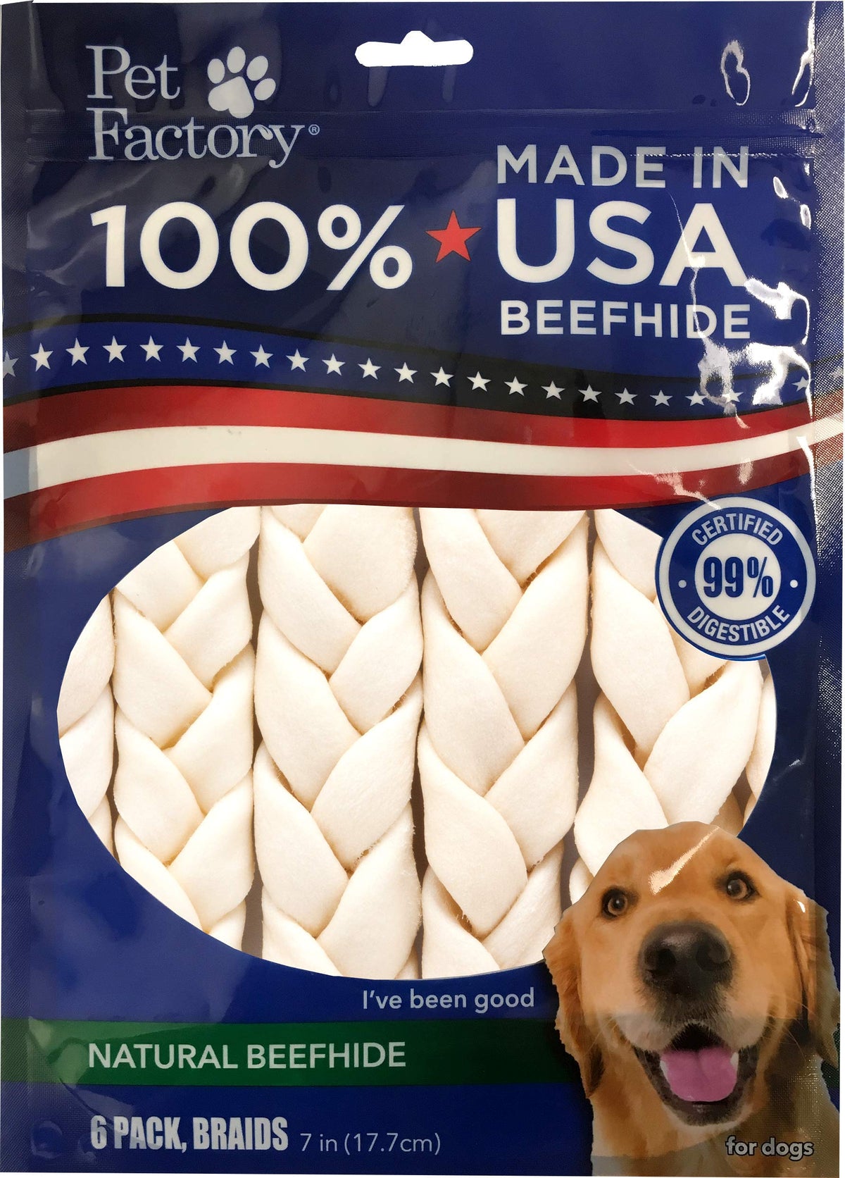 Pet Factory beefhide braid stick 7-inch natural flavor for a long-lasting chew