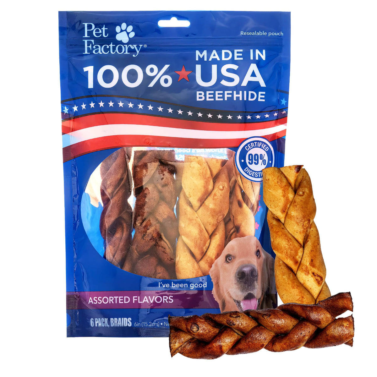Pet Factory beefhide chew stick 6in for durable chewing.