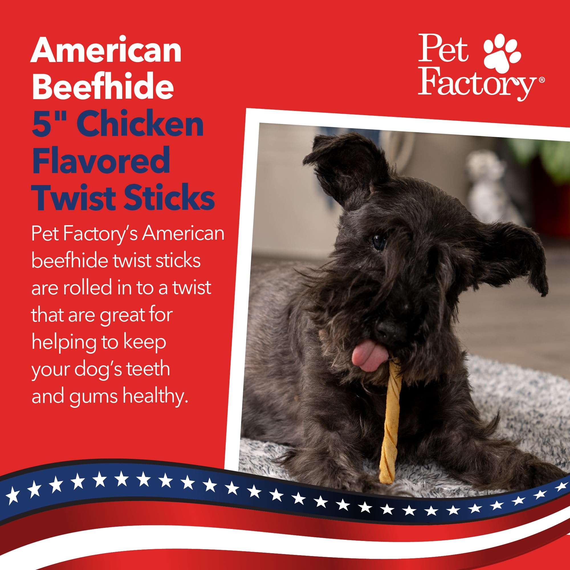 Pet Factory beefhide chicken-flavored chew close-up highlighting savory taste and lasting chewing
