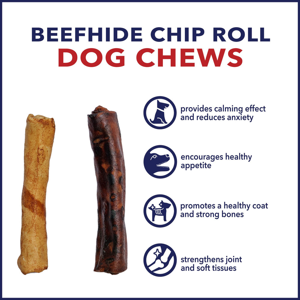 Pet Factory beefhide chip roll dog chew in action