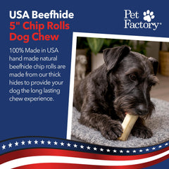 Pet Factory beefhide chip roll thick-texture closeup emphasizes durable, additive-free rawhide.