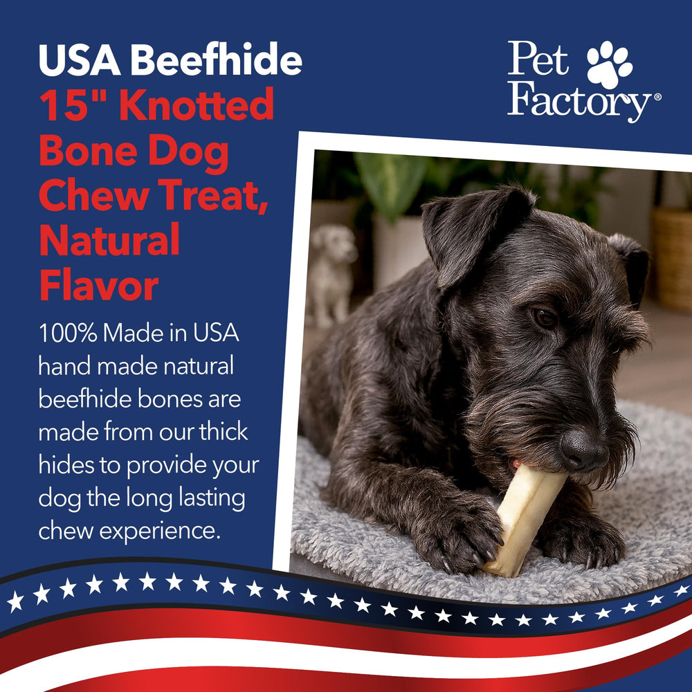 Pet Factory beefhide rawhide bone close-up highlighting long-lasting chew session.