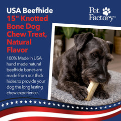 Pet Factory beefhide rawhide bone close-up highlighting long-lasting chew session.