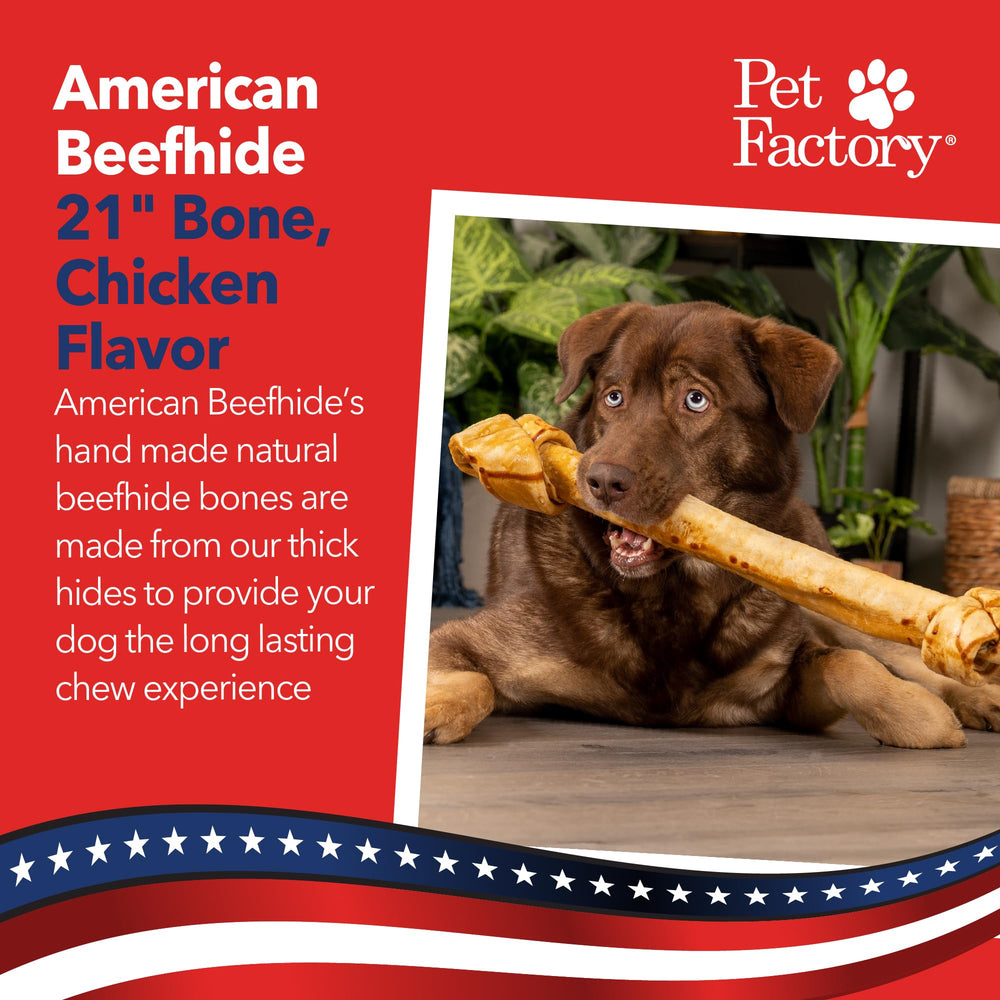 Pet Factory beefhide knotted bone with chicken flavor, durable chew for big chewers.