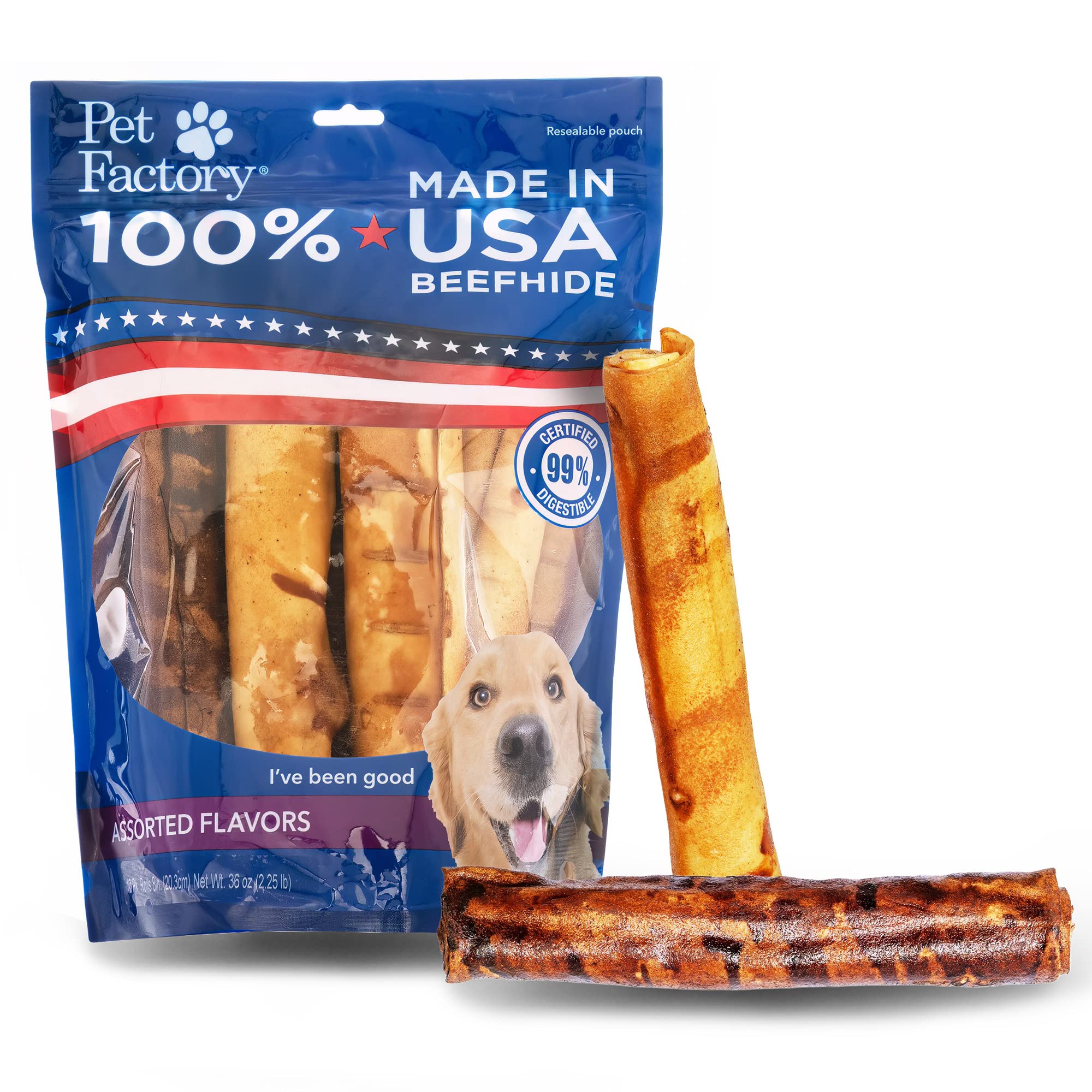 Pet Factory beefhide roll 8-inch beef flavor ideal for long lasting chews