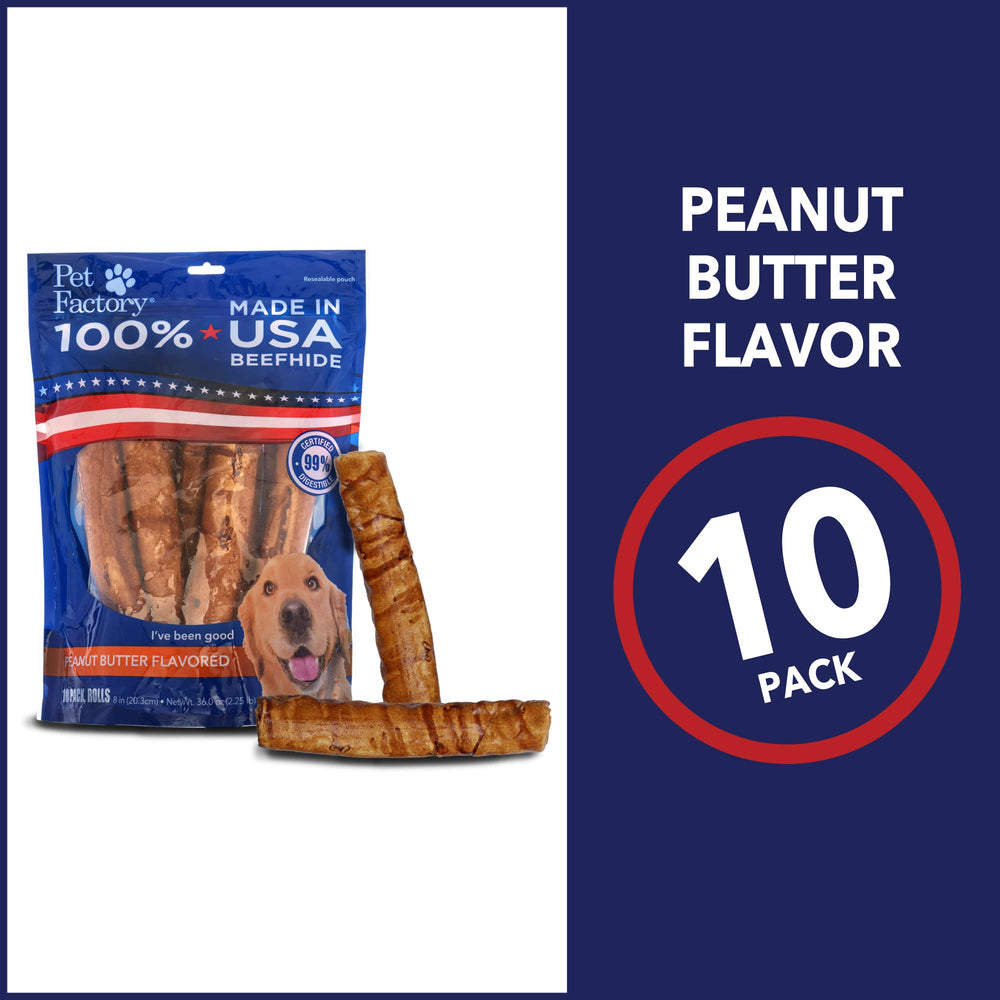 Packaging shot shows Pet Factory USA-made beefhide roll.