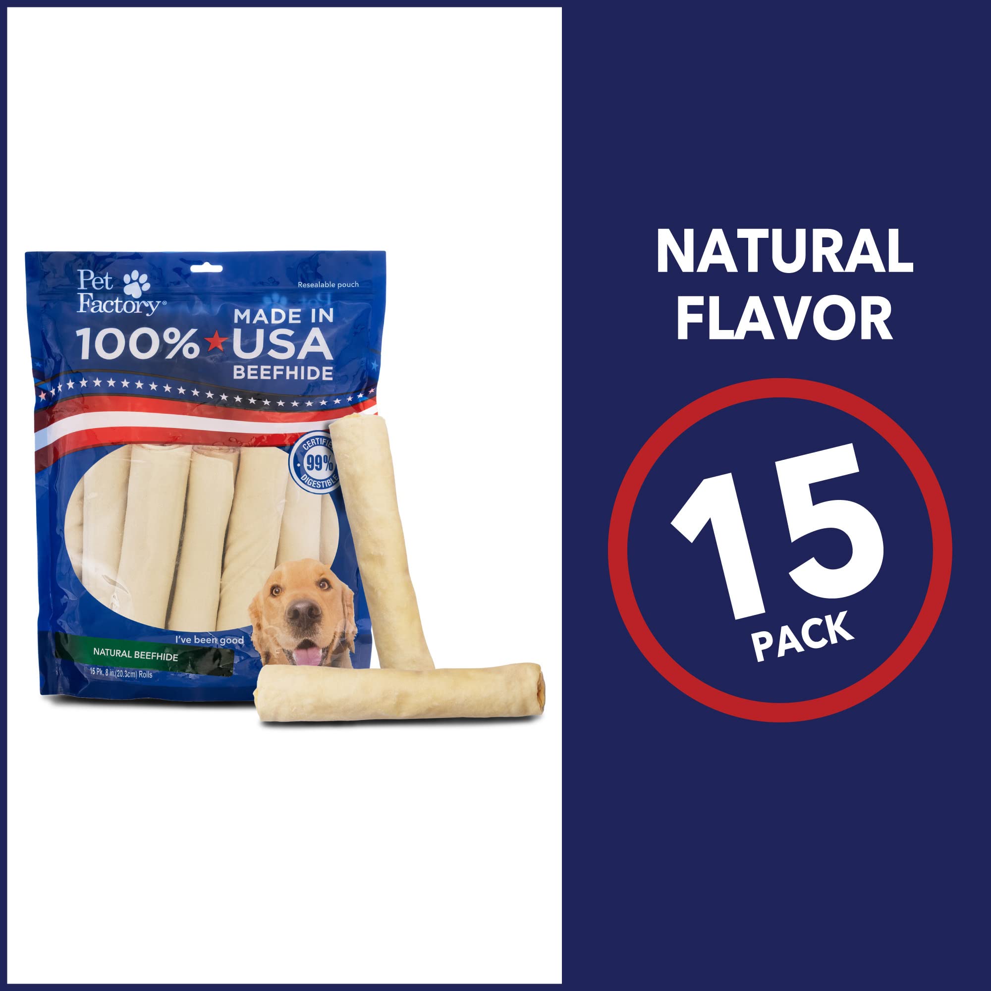 Pet Factory beefhide rolls 15-count pack suitable for medium dogs