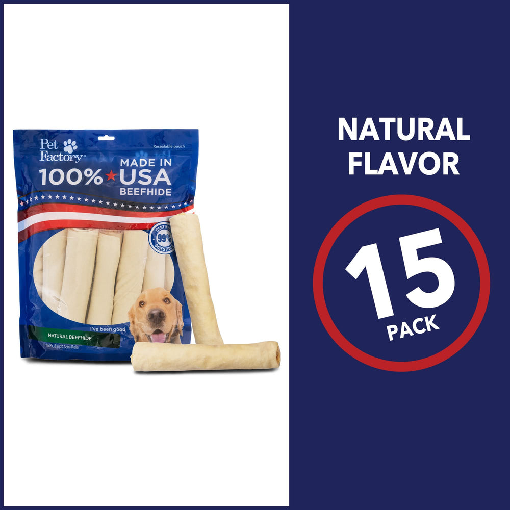 Pet Factory beefhide rolls 15-count pack suitable for medium dogs