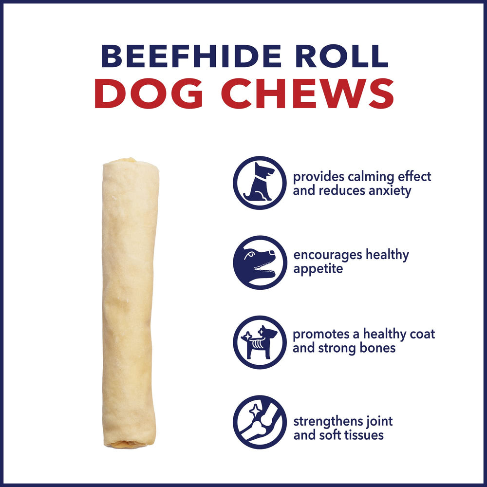 Medium dog chewing with Pet Factory beefhide rolls idea