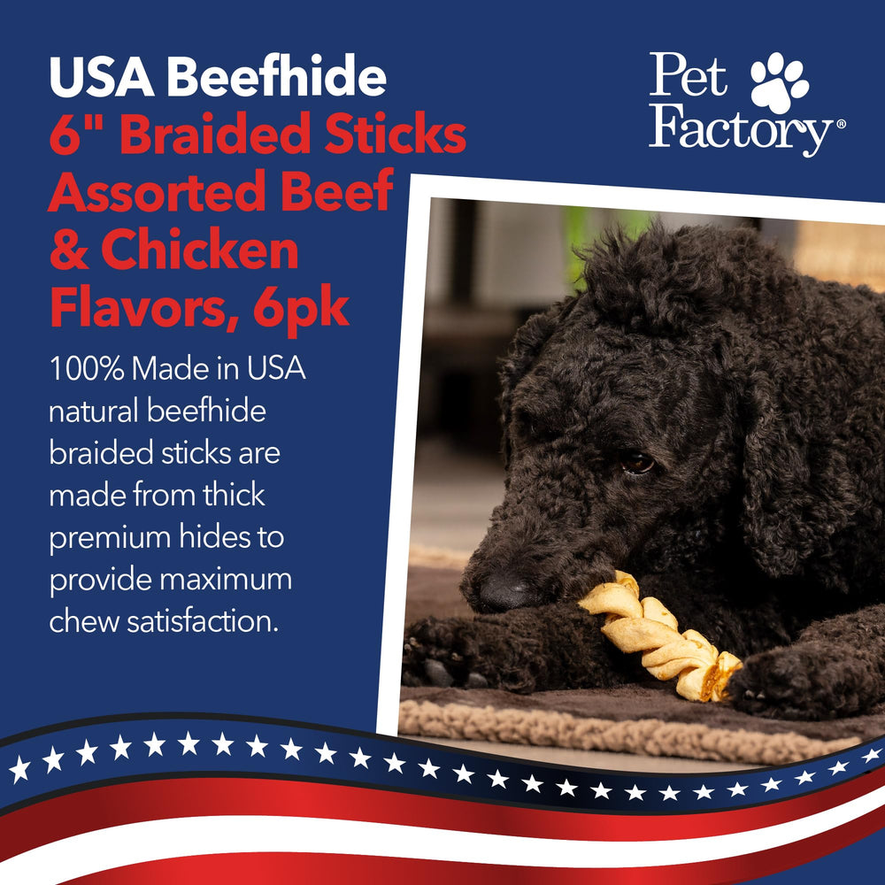 Pet Factory braided rawhide chew with thick texture for heavy chewers.