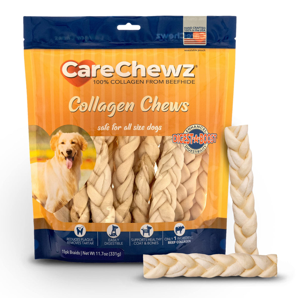 Pet Factory CareChewz braid-stick natural flavor close-up showing long-lasting dog chew