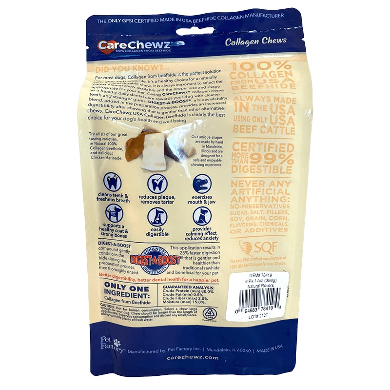 Pet Factory CareChewz collagen rovers natural flavor supports tasty, chew-friendly fun.