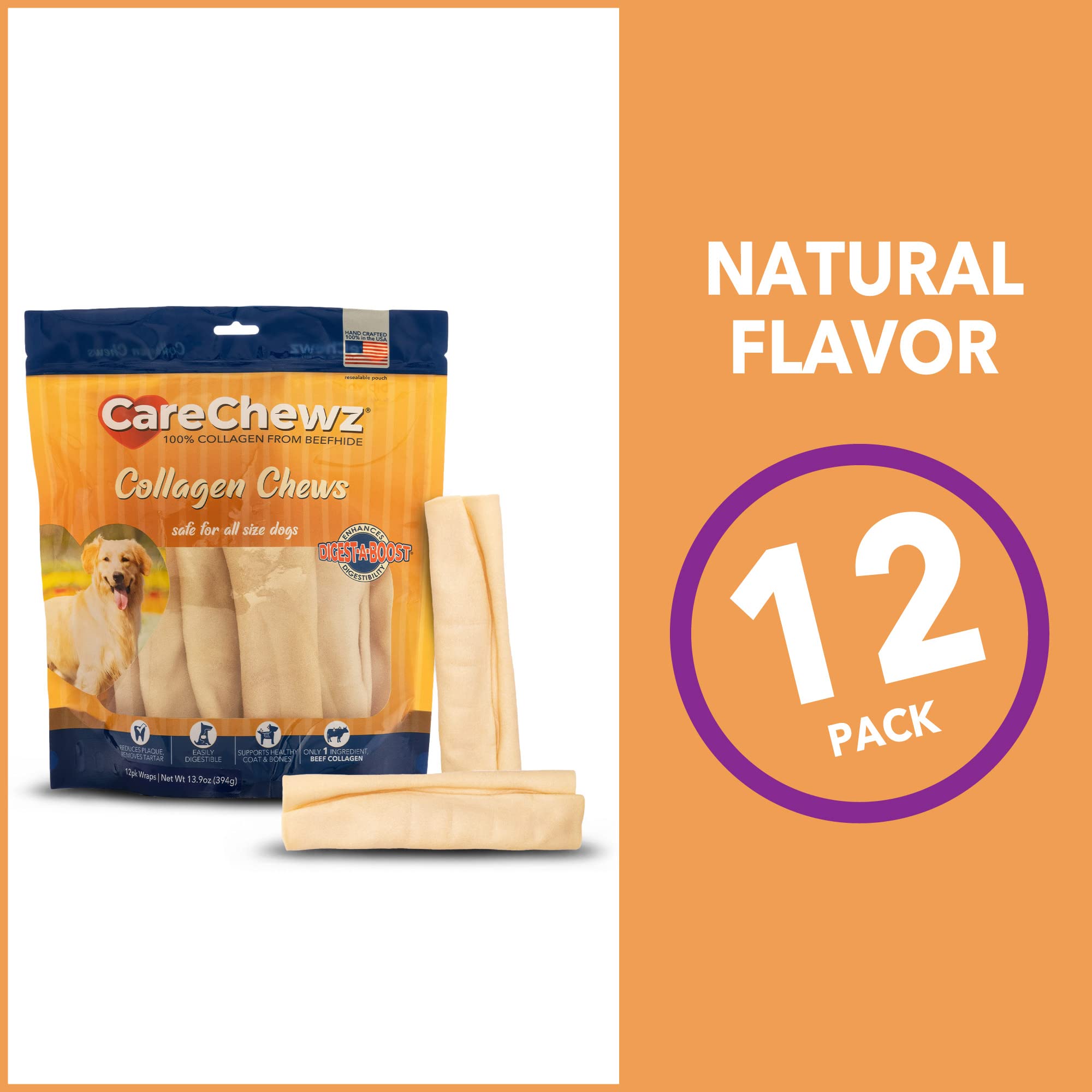 Pet Factory CareChewz Collagen Wraps packaging image emphasizing natural ingredients