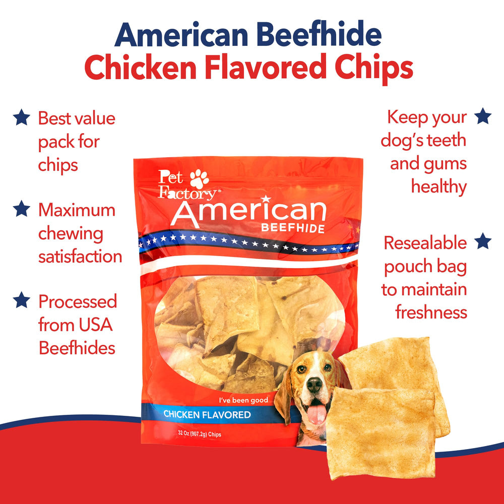 Pet Factory chicken-flavored chips closeup — tasty enrichment dogs eagerly chew.