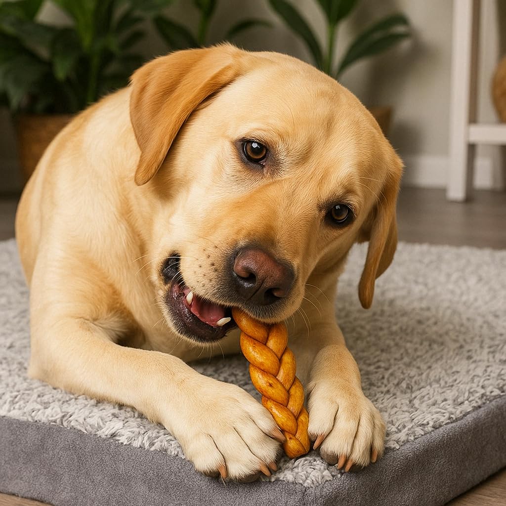 Pet Factory 99% digestible beefhide supports safe chewing sessions.