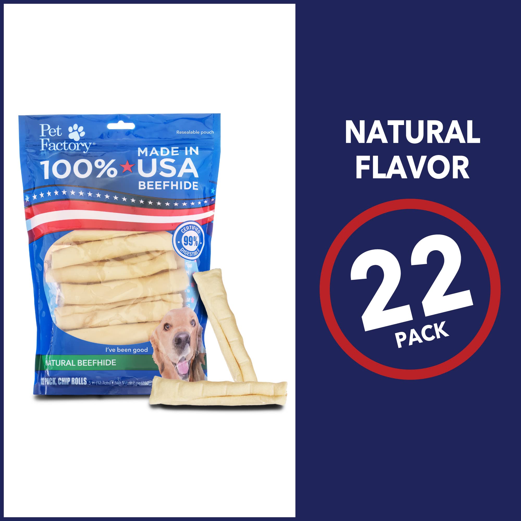 Pet Factory dog chewing beefhide chip roll during playtime supports healthy chewing.