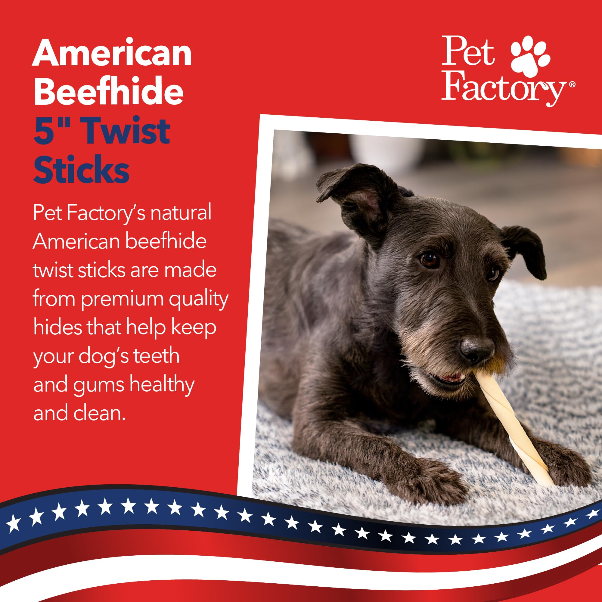 Pet Factory dog dental chews closeup; natural rawhide for fresh breath and plaque control.