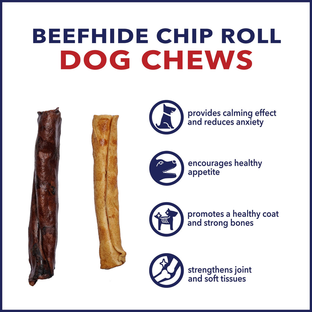 Pet Factory dog enjoys chew during play; 5-inch chip roll.