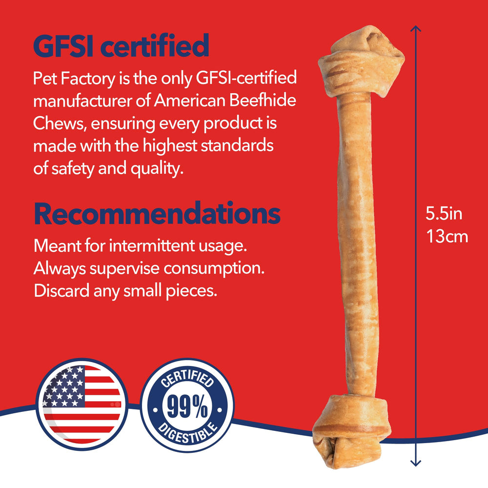 Pet Factory rawhide knotted bone in action, long-lasting entertainment for households with pets.