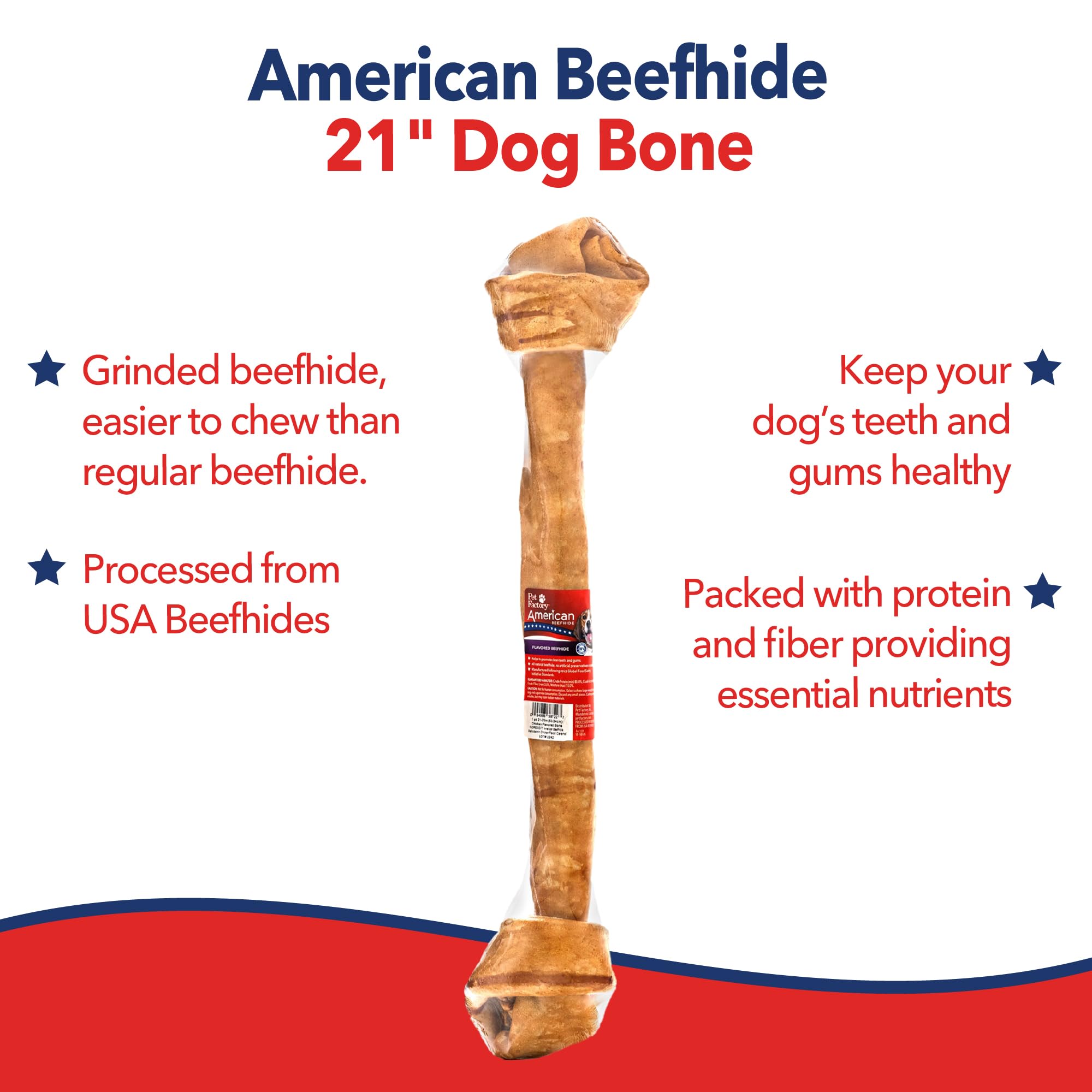 Pet Factory thick beefhide bone close-up, promotes healthy chewing habits during play.