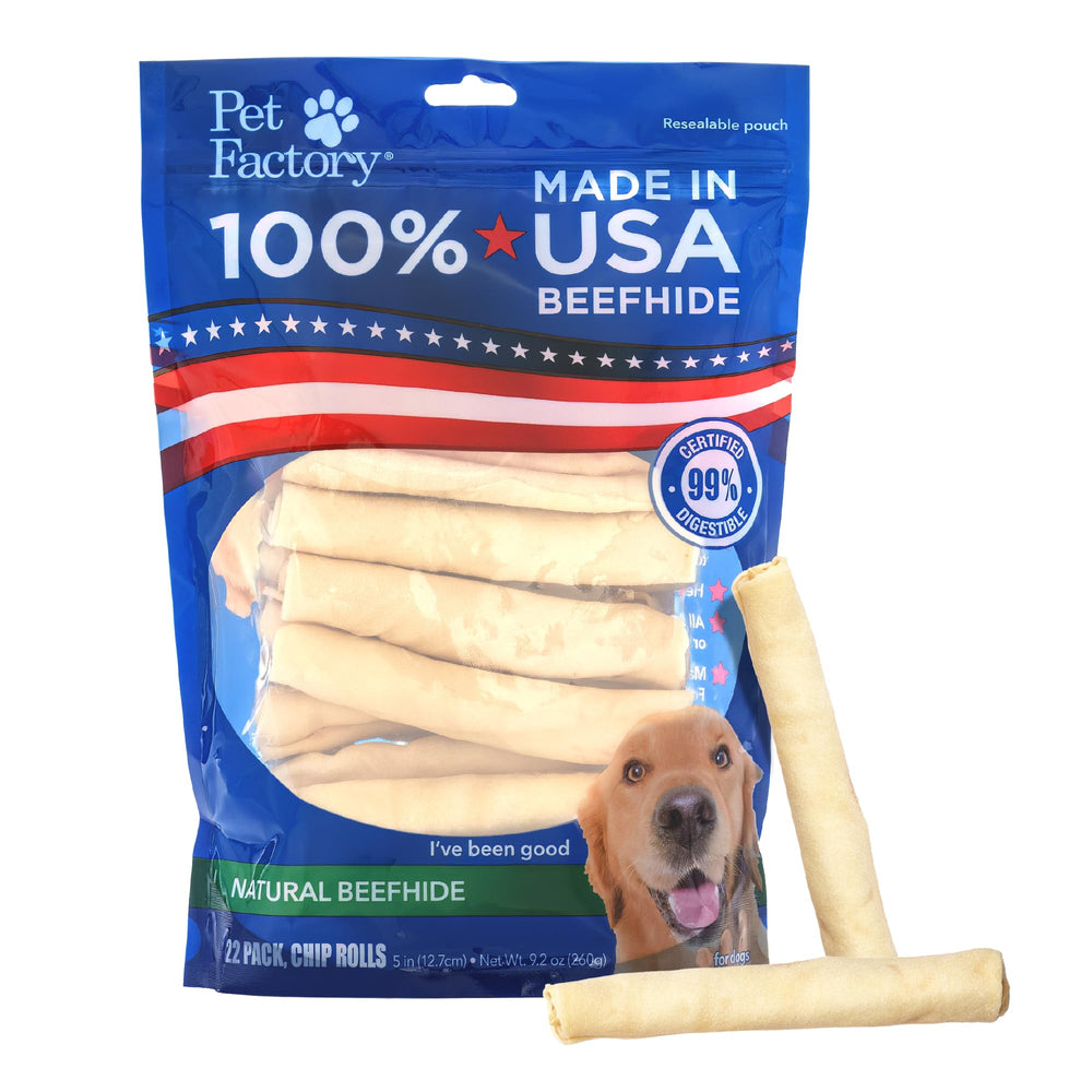 Pet Factory beefhide chip roll pack-22 shows a long-lasting chew for serious chewers.