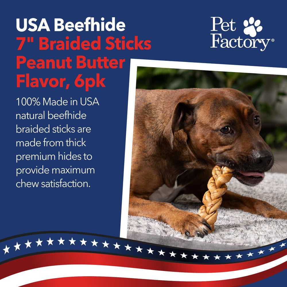 Pet Factory USA-made beefhide chews emphasize durable texture for long chew sessions.
