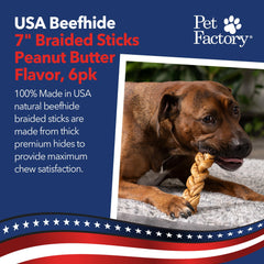 Pet Factory USA-made beefhide chews emphasize durable texture for long chew sessions.