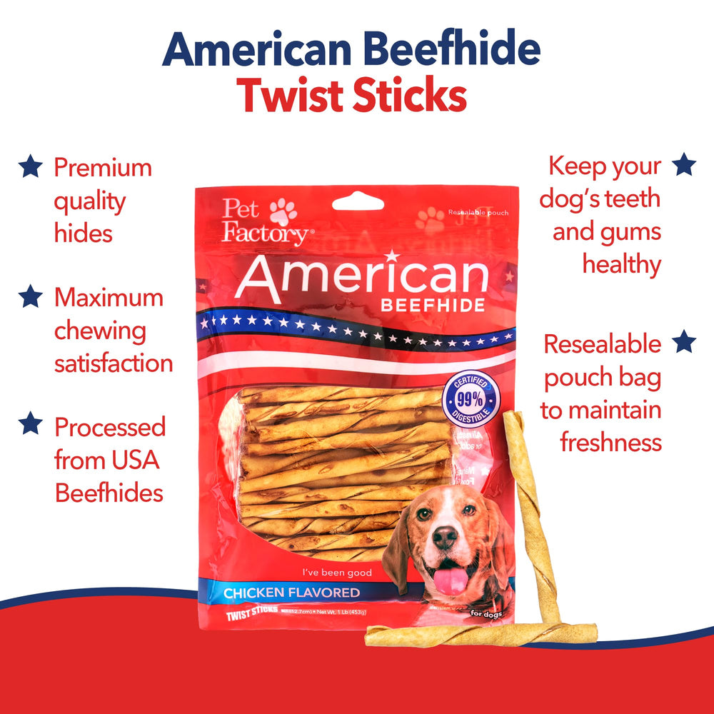 Pet Factory USA-sourced rawhide dog chew emphasizing safe chewing with American-sourced material
