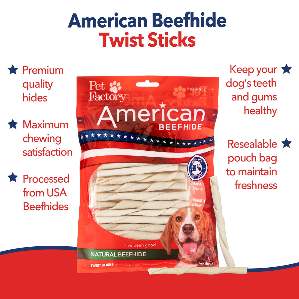 Pet Factory USA-sourced rawhide; high-quality chews from cattle raised in the USA.