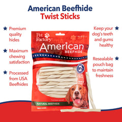 Pet Factory USA-sourced rawhide; high-quality chews from cattle raised in the USA.