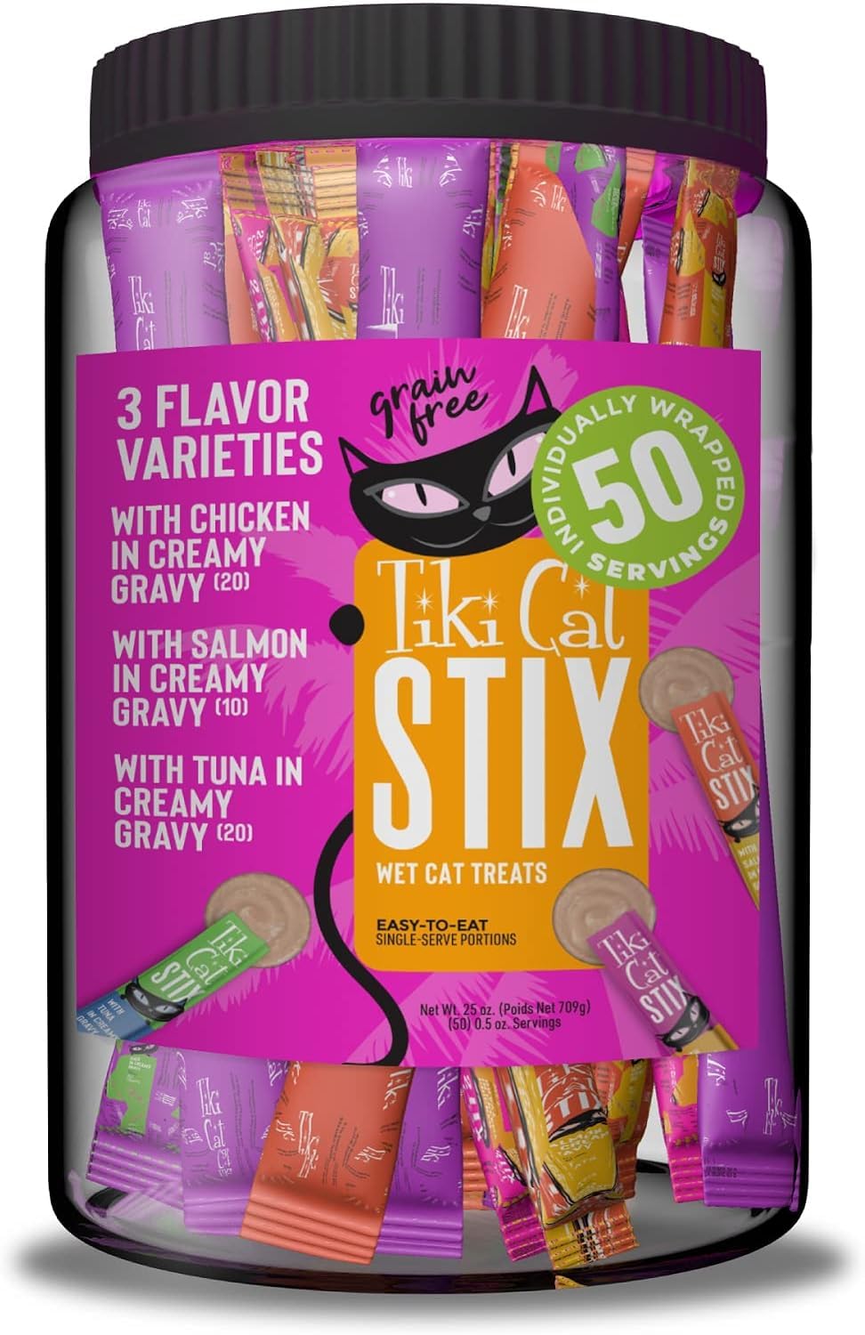 Pet Faves Tiki Cat Stix mousse jar back, keeps multiple servings fresh.