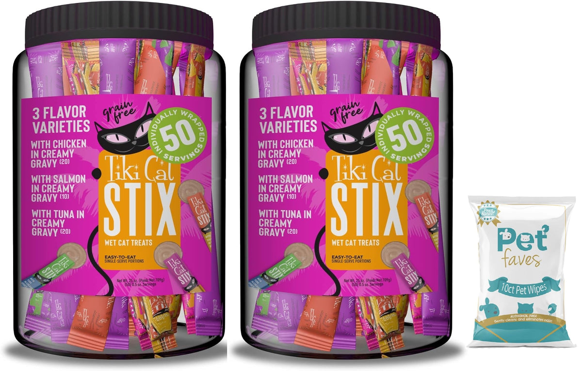Pet Faves Tiki Cat Stix mousse jar front, convenient lickable cat treats.