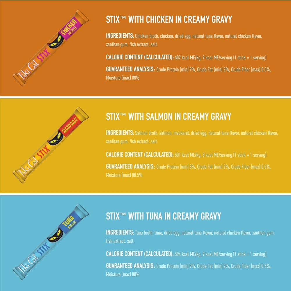 Pet Faves Tiki Cat Stix sticks, single-serve portion control.