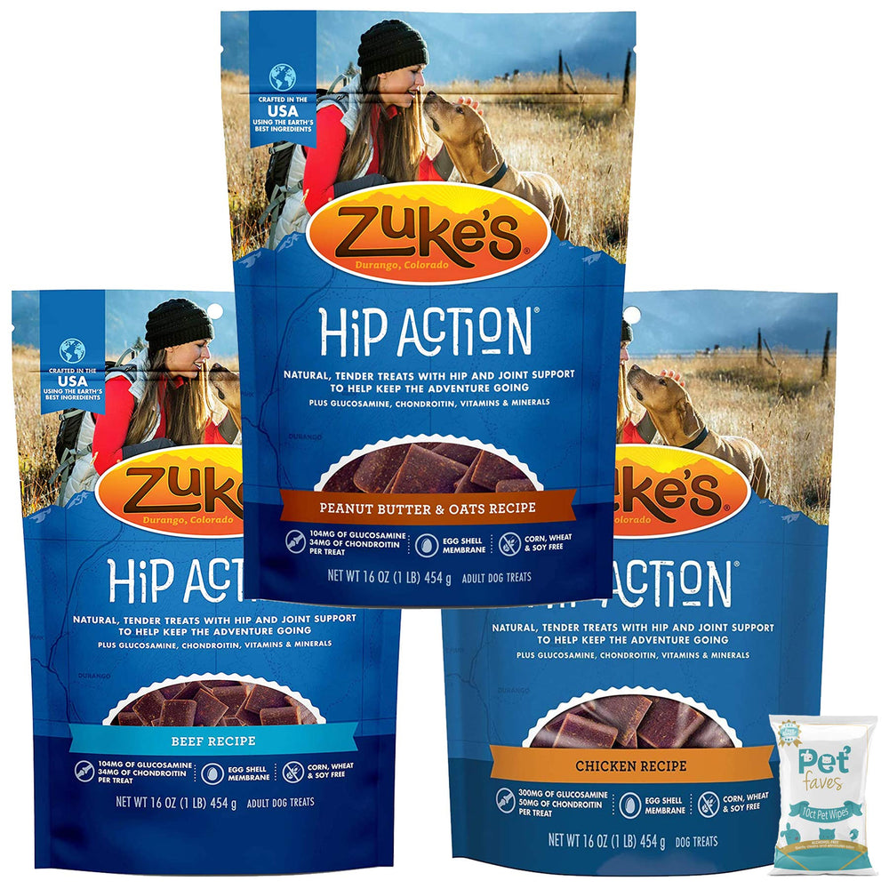 Pet Faves Zuke Hip Action Beef Treats for dogs—joint support and tasty reward.