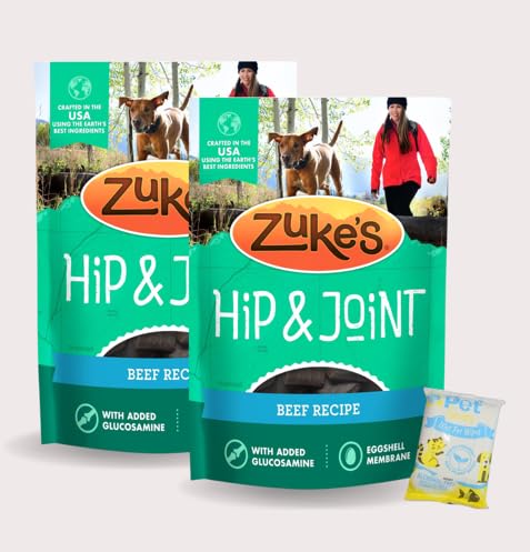 Pet Faves Zuke Hip Action roasted beef treats package highlighting joint support