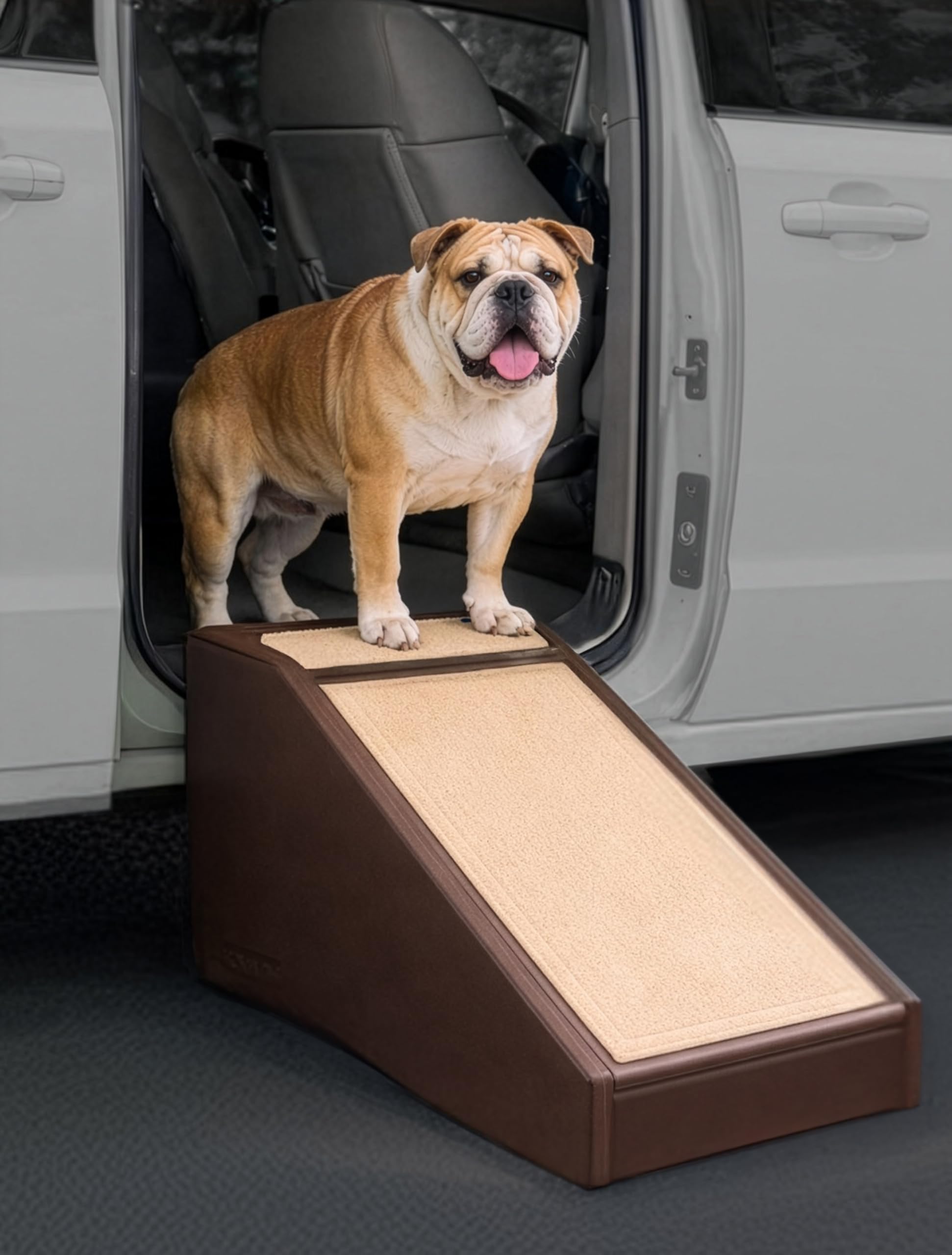 Pet Gear Stramp stair and ramp setup helps dogs reach sofas with a gentle slope.