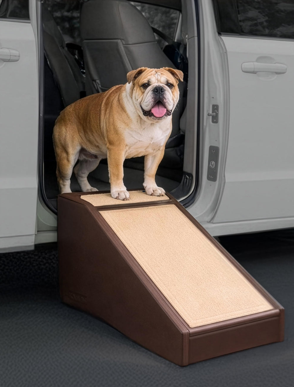Pet Gear Stramp stair and ramp setup helps dogs reach sofas with a gentle slope.
