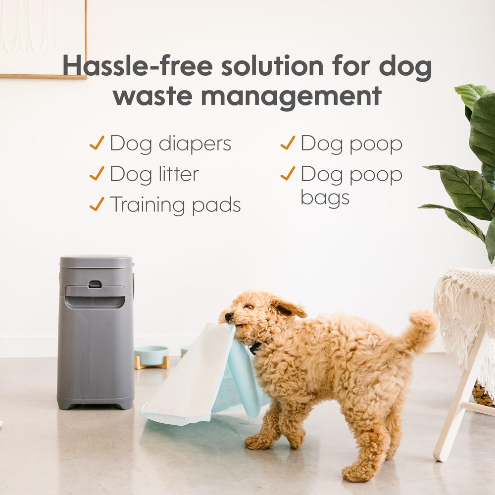 Pet Genie Pail refill bag highlights long-lasting odor control for one dog.